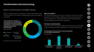 24%
39%
30%
6%
It does not depend
on transformation
It slightly depends
on transformation
It moderately
depends on
transformation
It highly depends
on transformation
To what degree is the value of your transaction dependent
on a successful transformation?
(Corporate and PEI)
In the context of a transaction, is
transformation (e.g., working capital,
cost reduction, and revenue growth)
something your organization typically
completes prior, during or
post-transaction?
(Corporate and PEI)
Post-transaction
Prior to a
transaction
During the
transaction
All of the above:
prior, during, and
post-transaction
21%
23%
23%
34%
Note: Numbers may not add to 100% due to rounding.
Transformation and restructuring
22
When transformation and MA interact
MA is a complex process. Transformation is another. What happens when
both are necessary? The timing is a strategic decision that sets the stage for
many others.
When to transform
The most popular approach among our respondents has been to transform
during the transaction (34%). Completing a transformation either before or
after a transaction—or a mixed approach that spans the MA lifecycle—
were all roughly equal to each other in popularity.
The value of transformation
Nearly two-thirds of respondents (63%) report that the success of their MA
activity is moderately or highly dependent on a successful transformation.
03
02
06
09
05
08
04
07
01
03
02
10
 
