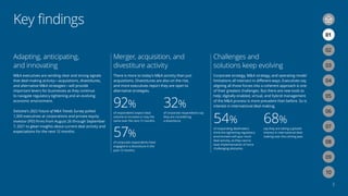Key findings
3
03
02
06
09
05
08
04
07
01
03
02
Merger, acquisition, and
divestiture activity
There is more to today’s M&A activity than just
acquisitions. Divestitures are also on the rise,
and more executives report they are open to
alternative strategies.
Adapting, anticipating,
and innovating
M&A executives are sending clear and strong signals
that deal-making activity—acquisitions, divestitures,
and alternative M&A strategies—will provide
important levers for businesses as they continue
to navigate regulatory tightening and an evolving
economic environment.
Deloitte’s 2022 Future of M&A Trends Survey polled
1,300 executives at corporations and private equity
investor (PEI) firms from August 26 through September
7, 2021 to glean insights about current deal activity and
expectations for the next 12 months.
Challenges and
solutions keep evolving
Corporate strategy, M&A strategy, and operating model
limitations all intersect in different ways. Executives say
aligning all those forces into a coherent approach is one
of their greatest challenges. But there are new tools to
help: digitally enabled, virtual, and hybrid management
of the M&A process is more prevalent than before. So is
interest in international deal-making.
92%
54%
57%
68%
32%
of respondents expect deal
volume to increase or stay the
same over the next 12 months.
of responding dealmakers
think the tightening regulatory
environment will spur more
deal activity, as they race to
beat implementation of more
challenging obstacles.
of corporate respondents have
engaged in a divestiture in the
past 12 months.
say they are taking a greater
interest in international deal-
making over the coming year.
of corporate respondents say
they are considering
a divestiture.
10
 
