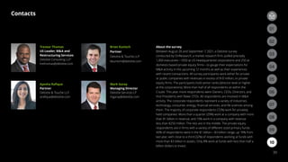 Contacts
39
About the survey
Between August 26 and September 7, 2021, a Deloitte survey
conducted by OnResearch, a market research firm, polled precisely
1,300 executives—1050 at US-headquartered corporations and 250 at
domestic-based private equity firms—to gauge their expectations for
MA activity in the upcoming 12 months as well as their experiences
with recent transactions. All survey participants work either for private
or public companies with revenues in excess of $10 million, or private
equity firms. The participants hold senior ranks (director level or higher
at the corporations). More than half of all respondents sit within the
C-suite. This year, more respondents were Owners, CEOs, Directors, and
Vice Presidents with fewer CFOs. All respondents are involved in MA
activity. The corporate respondents represent a variety of industries:
technology, consumer, energy, financial services, and life sciences among
them. The majority of corporate respondents (72%) work for privately
held companies. More than a quarter (29%) work at a company with more
than $1 billion in revenue, and 15% work in a company with revenue
less than $250 million. The rest are in the middle. The private equity
respondents are in firms with a variety of different sized primary funds:
40% of respondents were in the $1 billion—$3 billion range, up 19% from
last year, with close to a third (32%) of respondents working at funds with
more than $3 billion in assets. Only 8% work at funds with less than half a
billion dollars to invest.
Trevear Thomas
US Leader, MA and
Restructuring Services
Deloitte Consulting LLP
trethomas@deloitte.com
Brian Kunisch
Partner
Deloitte  Touche LLP
bkunisch@deloitte.com
Ayesha Rafique
Partner
Deloitte  Touche LLP
arafique@deloitte.com
Mark Garay
Managing Director
Deloitte Services LP
mgaray@deloitte.com
03
02
06
09
05
08
04
07
01
03
02
10
 