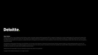 About Deloitte
Deloitte refers to one or more of Deloitte Touche Tohmatsu Limited, a UK private company limited by guarantee (“DTTL”), its network of member firms, and their related entities. DTTL and each of its member firms
are legally separate and independent entities. DTTL (also referred to as “Deloitte Global”) does not provide services to clients. Please see www.deloitte.com/about for a detailed description of DTTL and its member
firms. Please see www.deloitte.com/us/about for a detailed description of the legal structure of Deloitte LLP and its subsidiaries. Certain services may not be available to attest clients under the rules and regulations
of public accounting.
This publication contains general information only and Deloitte is not, by means of this publication, rendering accounting, business, financial, investment, legal, tax, or other professional advice or services. This
publication is not a substitute for such professional advice or services, nor should it be used as a basis for any decision or action that may affect your business. Before making any decision or taking any action that
may affect your business, you should consult a qualified professional advisor.
Deloitte shall not be responsible for any loss sustained by any person who relies on this publication.
Copyright © 2022 Deloitte Development LLC. All rights reserved.
 