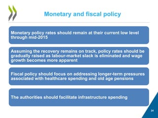 Monetary and fiscal policy 
Fiscal policy should focus on addressing longer-term pressures associated with healthcare spending and old age pensions 
Assuming the recovery remains on track, policy rates should be gradually raised as labour-market slack is eliminated and wage growth becomes more apparent 
Monetary policy rates should remain at their current low level through mid-2015 
The authorities should facilitate infrastructure spending 
24 
 