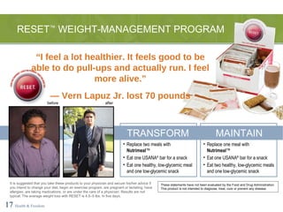 RESET ™  WEIGHT-MANAGEMENT PROGRAM 17   Health & Freedom These statements have not been evaluated by the Food and Drug Administration. This product is not intended to diagnose, treat, cure or prevent any disease. TRANSFORM MAINTAIN Replace two meals with  Nutrimeal ™ Eat one USANA ®  bar for a snack Eat one healthy, low-glycemic meal and one low-glycemic snack Replace one meal with  Nutrimeal ™ Eat one USANA ®  bar for a snack Eat two healthy, low-glycemic meals and one low-glycemic snack “ I feel a lot healthier. It feels good to be able to do pull-ups and actually run. I feel more alive.” —  Vern Lapuz Jr. lost 70 pounds It is suggested that you take these products to your physician and secure his/her advice if you intend to change your diet, begin an exercise program, are pregnant or lactating, have allergies, are taking medications, or are under the care of a physician. Results are not typical. The average weight loss with RESET is 4.5–5 lbs. In five days. before after 