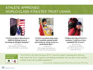 ATHLETE APPROVED:  WORLD-CLASS ATHLETES TRUST USANA 20   Health & Freedom “ USANA products allowed me to fulfill my lifelong dream of becoming an Olympic champion.” —  Derek Parra, 2002 Olympic gold medalist &  world record holder in speedskating “ In USANA, the Sony Ericsson WTA Tour has found a manufacturer that not only meets the Tour’s rigorous anti-doping standards, but one that is also willing to back it up with an athlete guarantee.” — Larry Scott, Chairman and CEO of Sony Ericsson WTA Tour “ USANA’s products help ensure that I maintain optimal health and sustain my energy levels as a professional skier.” —  Jennifer Heil, 2006 Olympic gold medalist &  four-time World Cup Champion “ Without the help of USANA’s products, I could never have summitted Mt. Everest.” —  Warner Berger, Canadian businessman, oldest North American to ever  summit Mt. Everest 