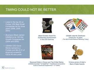 TIMING COULD NOT BE BETTER 32   Health & Freedom Listed in the top 20 on  Forbes’  200 Best Small Companies list for three years (2006, 2005, 2004) Business Week  named USANA to its 100 Hot Growth Companies list (2004 and 2005) USANA CEO Dave Wentz named to a Forbes.com list of 21 of America’s powerful CEOs 40 and under. Albert Einstein Award for Outstanding Achievement in the Life Sciences USANA rated #1 Distributor Choice for 10 years (The MLM Insider/Network Marketing Today) Received Editor’s Choice and Top 5-Star Rating (USANA Essentials™ & HealthPak™, NutriSearch Comparative Guide to Nutritional Supplements™, 4 th  Edition 10-time winner of Utah’s Best of State Awards 