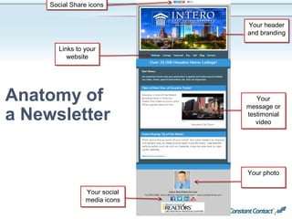 38
Anatomy of
a Newsletter
Links to your
website
Links to your
website
Social Share iconsSocial Share icons
Your social
media icons
Your social
media icons
Your
message or
testimonial
video
Your
message or
testimonial
video
Your header
and branding
Your header
and branding
Your photoYour photo
 