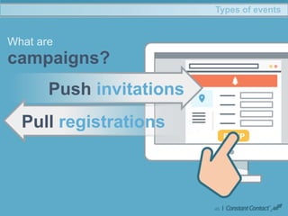 Pull registrations
45
Types of events
What are
campaigns?
Push invitations
 