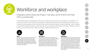 Workforce and workplace
22
04
07
05
08
01
03
06
02
Employees will be doing new things in new ways, some of which will make
CFOs uncomfortable.
Finance talent models are evolving quickly, with a premium placed on data scientists, business analysts, and storytellers. This
represents a dramatic shift for many finance organizations. To get ready, make sure your new hires represent the future you’re
striving for. Important qualities include a strong customer service orientation, flexibility, and good collaboration skills—in addition
to the technical capabilities needed for specific jobs. Also, all of your people should be able to contribute to elevating the value of
Finance in terms of communication, impact, and influence. Make every new hire count.
Work
With rule-based work largely automated, the focus
shifts to business-facing analysis and exception-
based investigations. More time will be spent on
proactive support. Tools like predictive modeling,
self-service reporting, and digital assistants enhance
the capacity for employees to provide more advice
on strategic interventions.
Workforce
The workforce of the future will bristle with cross-
functional teams and constant collaboration. Finance
organizations will need their people to be more
flexible and open than they’ve ever been. Data
scientists will work alongside business analysts to
solve problems no individual could solve alone.
Everyone will need more technical literacy, just as
everyone will need a customer-service mindset.
Workplace
As the finance workplace evolves to embrace more
self-service, expect to see digital assistants filling
in where analysts used to operate. This technology
will serve both customers of Finance and workers
in Finance with new tools that make it easier to get
information and make sense of it. This shift will
elevate the importance of visualization, as well as
tools to keep people well-connected. Ironically, the
future may require more physical proximity for
teams, especially in the early phases of projects and
work planning.
 