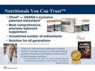 Nutritionals You Can Trust TM 13   Health & Freedom * Patented in the United States, US Patent No. 6,358,542 or 6,361,803 Olivol ®  — USANA’s exclusive  patented antioxidant* Most comprehensive,  precisely balanced  supplement Unmatched number of antioxidants Nutrition for all generations “ With over 1,500 nutritional supplements evaluated, USANA’s Essentials continues to set the gold standard, earning the NutriSearch Gold Medal of Achievement TM  for proven product excellence.” —  Lyle MacWilliam, Bsc, MSc, FP,  former Canadian Member of Parliament and Member of the Legislative Assembly for British Columbia 