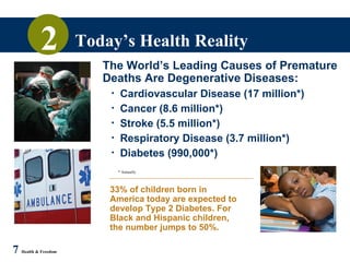 Today’s Health Reality 7   Health & Freedom 2 * Annually The World’s Leading Causes of Premature Deaths Are Degenerative Diseases: Cardiovascular Disease (17 million*) Cancer (8.6 million*) Stroke (5.5 million*) Respiratory Disease (3.7 million*) Diabetes (990,000*) 33% of children born in America today are expected to develop Type 2 Diabetes. For Black and Hispanic children, the number jumps to 50%. 
