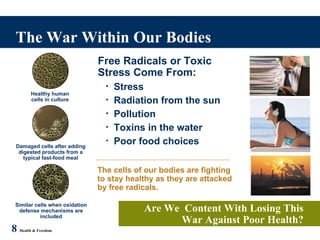 The War Within Our Bodies 8   Health & Freedom Are We  Content With Losing This War Against Poor Health? Healthy human cells in culture Damaged cells after adding digested products from a typical fast-food meal Similar cells when oxidation defense mechanisms are included The cells of our bodies are fighting to stay healthy as they are attacked by free radicals. Free Radicals or Toxic Stress Come From: Stress Radiation from the sun Pollution Toxins in the water Poor food choices 
