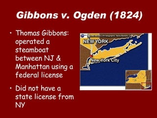 Gibbons v. Ogden (1824) Thomas Gibbons: operated a steamboat between NJ & Manhattan using a federal license  Did not have a state license from NY 