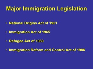 Major Immigration Legislation National Origins Act of 1921   Immigration Act of 1965   Refugee Act of 1980   Immigration Reform and Control Act of 1986   