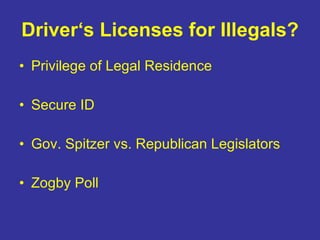 Driver‘s Licenses for Illegals? Privilege of Legal Residence Secure ID Gov. Spitzer vs. Republican Legislators Zogby Poll 