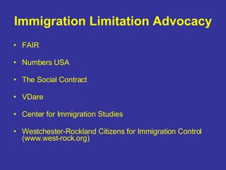 Immigration Limitation Advocacy FAIR Numbers USA The Social Contract VDare Center for Immigration Studies Westchester-Rockland Citizens for Immigration Control (www.west-rock.org) 