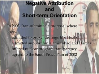 In 2003, Iran submitted a proposal where
they…
- admitted to proxy dealings like Hezbollah

- admitted support for Islamic Jihad and Hamas

- offered nuclear program transparency

- agreed to the Saudi Peace Plan of 2002
 