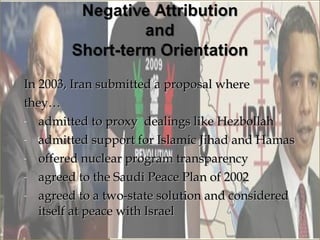 In 2003, Iran submitted a proposal where
they…
- admitted to proxy dealings like Hezbollah

- admitted support for Islamic Jihad and Hamas

- offered nuclear program transparency

- agreed to the Saudi Peace Plan of 2002

- agreed to a two-state solution and considered

   itself at peace with Israel
 