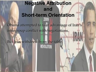 Obama attempted to take advantage of Iran’s
intergroup conflict with negotiations.

But Iran withdrew from the table.
 