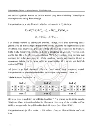 ( , )OT OTP L D ,
i za svaku novu rundu {1,2,..., }i n , generiše se nova leva i desna polovina,
odreĜena na osnovu pravila:
1 1 1, ( , )i i i i i iL D D L F D K  † ,
gde je F funkcija runde, a iK je podkljuē za rundu i . Podkljuē se dobija
kombinovanjem bitova kljuēa K . Na kraju, šifrat C je izlaz iz poslednje runde:
( , )n nC L D .
78
Kriptologija I - Osnove za analizu i sintezu šifarskih sistema______________________________________________________________________________________
 