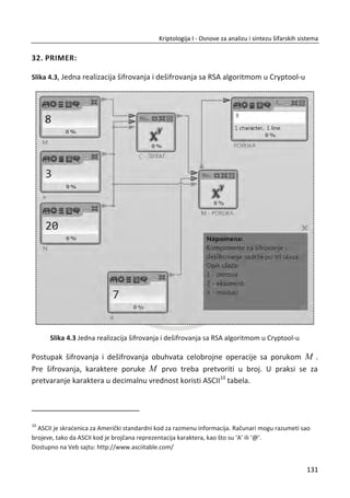 Slika 3.23, prikazana je jedna jednostavna realizacija 3DES algoritma u Cryptool-u za
šifrovanja izabranog otvorenog teksta. Definisana su dva kljuēa 1K i 2K . Ova
implementacija 3DES koristi EDE realizaciju, 1K za šifrovanje i 2K za dešifrovanje.
25. PRIMER:
Slika 3.23, realizacija 3DES algoritma sa DES algoritmom u Cryptool-u.
Slika 3.23 Primer sa 3DES algoritmom u Cryptool-u
97
Kriptologija I - Osnove za analizu i sintezu šifarskih sistema______________________________________________________________________________________
 