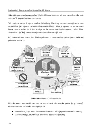 a za dešifrovanje:
( , )i iP C E IV i K†  za 0,1,2,...i , na primer:
0 0
1 1
2 2
( , )
( 1, )
( 2, ),...
P C E IV K
P C E IV K
P C E IV K
†
† 
† 
CTR režim se ēesto koristi kada je potreban nasumiēan pristup. Dok se nasumiēni
pristup sasvim jednostavno koristi u CBC režimu, u nekim sluēajevima u CBC režimu
neđe biti poželjan nasumiēan pristup.
Pored ECB, CBC i CTR režima, postoje još mnogi drugi režimi koji koriste blokovske
šifre. Dali smo opis onih koji se najviše koriste. Ipak, tri režima o kojima smo najviše
govorili sigurno su najzastupljeniji u odnosu na ostale.
Najzad, treba napomenuti da se bezbednost podataka najēešđe odnosi na dva blago
razliēita sluēaja. Sa jedne strane, šifrujemo podatke da bi mogli da ih pošaljemo preko
nesigurnog kanala. Sa druge strane, šifrujemo podatke koji se ēuvaju na nezaštiđenim
medijima kao što je raēunarski hard disk. Simetriēne šifre mogu da se koriste da bi se
rešio bilo koji od ova dva veoma sliēna problema. Simetriēni kljuē može da štiti
integritet podatka kao što đemo videti u narednom poglavlju.
3.4. INTEGRITET
Dok se tajnost bavi prevencijom neautorizovanog ēitanja, integritet se bavi
prevencijom neautorizovanog pisanja. Na primer, pretpostavimo da se vrši
elektronski transfer sredstava sa jednog raēuna na drugi. Vi ne želite da drugi znaju za
ovu transakciju i u tom sluēaju đe šifrovanje obezbediti željenu poverljivost. Svejedno
da li postoji zabrinutost za poverljivost ili ne, mnogo je važniji zahtev da se transakcija
obavi onako kako treba. U takvim sluēajevima govorimo o integritetu podataka, tj. o
nemoguđnosti njihove neovlašđene promene.
114
Kriptologija I - Osnove za analizu i sintezu šifarskih sistema______________________________________________________________________________________
 