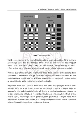 38. PRIMER:
Slika 5.6, Upotreba MD5 funkcije u Cryptool-u.
Slika 5.6 Primer MD5 heš funkcije
Primetiđemo, Slika 5.6, da poruka 2 sadrži na kraju reēi dva slova „M“ i to je jedina
razlika u odnosu na poruku 1, dok su heš vrednosti potpuno razliēite.
5.5. SHA
SHA (eng. Secure Hash Algorithm) je klasa kriptografskih funkcija za sažimanje. U ovoj
grupi kriptografskih funkcija najēešđe korišđena funkcija je SHA-1 koja je našla
primenu u velikom broju kriptografskih protokola kao što su TLS, SSL, PGP, SSH,
S/MIME i IPSec. SHA-1 se može smatrati naslednikom MD5 algoritma. SHA algoritmi
su kreirani od strane ameriēke agencije za bezbednost (NSA) i publikovani kao
zvaniēni standard vlade SAD. Heš vrednost je dužine 160 bitova.
161
Kriptologija I - Osnove za analizu i sintezu šifarskih sistema______________________________________________________________________________________
 