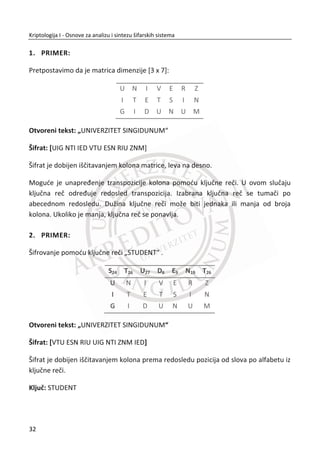 odgovarajuđe dužine. Algoritmi šifrovanja su predmet standardizacije (DES, 3DES, AES
i sl.) i generišu se prema strogim matematiēkim principima.
Slika 1.3 Simetriēno šifrovanje. Pošiljalac i primalac imaju isti kljuē, ‫.ܭ‬ Protivnik nema kljuē. ‫ܯ‬
je otvoreni tekst, a ‫ܥ‬ je šifrat.
Šema simetriēnog šifrovanja je dobro poznata. Napadaē može da poznaje model
šifarskog sistema, da zna algoritam po kojem je vršeno šifrovanje, ima na
raspolaganju šifrat, ali bez poznavanja kljuēa ‫ܭ‬ nije u stanju da otkrije poruku ‫ܯ‬ koja
se prenosi. Razlikovađemo apsolutno tajne simetriēne šifarske sisteme u kojima ne
postoji moguđnost dešifrovanja šifrata ‫ܥ‬ i otkrivanja poruke ‫.ܯ‬ U praktiēnoj upotrebi
su raēunarski sigurni simetriēni šifarski sistemi kod kojih nije moguđe u razumnom
vremenu dođi do otvorene poruke ‫,ܯ‬ odnosno najbolji moguđi put za dešifrovanje je
isprobavanje svih moguđih vrednosti kljuēa ‫ܭ‬ , što se danas smatra teškim
problemom za realizaciju u realnom vremenu, ukoliko je kljuē dovoljne dužine.
Šta je privatnost? Cilj šeme simetriēnog šifrovanja je da spreēi protivnika, koji
poznaje šifrat da sazna otvoreni tekst. Dobijanje otvorenog teksta bi moglo da bude
ostvareno u ʹ௡
pokušaja, što nije loše ako je ݊ neki mali broj. Ovo nam objašnjava
jednu novu teoriju, da šema šifrovanja nije sigurna niti nesigurna, veđ da postoji
odreĜena verovatnođa da ona bude razbijena.
Postoji još faktora koji bi mogli uticati na sigurnost komunikacije. Na primer, da
protivnik veđ zna nešto o poruci i pre nego što je poslata. Recimo da Alisa i Bob žele
da kupe neke akcije, i da poruka koju žele da razmene može biti “kupi“ ili “nemoj da
15
Kriptologija I - Osnove za analizu i sintezu šifarskih sistema______________________________________________________________________________________
 