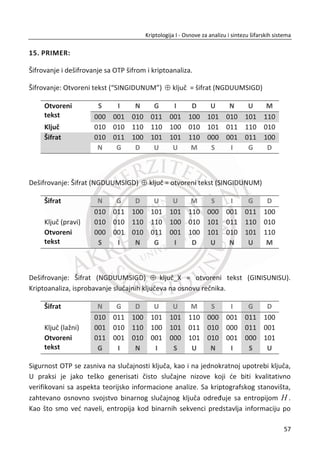 8. PRIMER:
Šifrovanje homofonom šifrom.
A A B C D E E F G H I I J K L M
04 05 08 01 02 06 11 12 13 14 15 07 03 09 10 16
N N O O P Q R R S T U V W X Y Z
20 17 28 29 30 21 22 23 24 18 19 25 26 27 31 32
U datoj matrici slova predstavljaju otvoreni tekst. Šifrovanjem otvorenog teksta svako
slovo otvorenog teksta se preslikava u izabrani broj. Dobijeni brojevi predstavljaju
šifrat homofone šifre.
Otvoreni tekst: “UNIVERZITET SINGIDUNUM” (slova N, E i I se ponavljaju)
Šifrat je dobijen pojedinaēnom zamenom slova iz otvorenog teksta na osnovu brojeva
koji su odreĜeni za svako slovo alfabeta, prikazano u tabeli iznad.
Šifrat: [19,20,15,25,06,22,32,07,18,11,18,24,15,17,13,07,02,19,20,19,16]
2.2.4. KRIPTOANALIZA HOMOFONE ŠIFRE
Za pravilan rad homofone šifre bitan je izbor slova sa najveđim frekvencijama. Zatim,
bitno je ustanoviti pravilo kada dodeliti jednu od dve brojne vrednosti za isto slovo
otvorenog teksta. Nakon izbora najfrekventnijih slova i dodelom duplih brojnih
vrednosti za izabrana slova, utiēemo znaēajno na sigurnost šifre. Šifra postaje
otpornija na statistiēke napade, ali ipak ostaju ranjive na napade poznatog dela
otvorenog teksta.
Ipak, statistiēkom analizom moguđe je dođi do informacija o kljuēu. Šifrat generisan
na ovaj naēin, trebao bi da prikrije statistiēke osobine otvorenog teksta. U tom
sluēaju šifrat bi morao da ima osobine sluēajnog niza. Postizanje sluēajnosti je veoma
složen proces, teško je precizno definisati sluēajnost ili entropiju. Entropija u ovom
sluēaju predstavlja maksimalnu neodreĜenost šifrata. Ukoliko bi šifrat posedovao
maksimalnu neodreĜenost (visoku entropiju), kriptoanalitiēar bi imao minimalne
40
Kriptologija I - Osnove za analizu i sintezu šifarskih sistema______________________________________________________________________________________
 