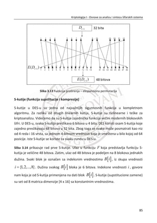 0.2654
0.065 0.03846
n
k
I n I
|
  
Uzima se n i I (poznato iz šifrata) u cilju aproksimacije dužine kljuēne reēi Vižnerove
šifre. Kada je pronaĜen Indeks koincidencije (William F. Friedman, 1920),
predstavljao je revoluciju u kriptoanalizi. Vrlo koristan za kriptoanalizu klasiēnih šifara
iz doba Drugog svetskog rata. U statistici je test incidencija i koincidencija dobro
poznat, postoje i mnogi drugi korisni statistiēki testovi.
Drugi metod za odreĜivanje dužine kljuēne reēi naziva se Kasiskijev test i uveo ga je
Fridrih Kasiski (Friedrich Kasiski) 1863. godine. Metod se zasniva na ēinjenici da đe dva
identiēna dela otvorenog teksta biti šifrovana na isti naēin (istim delom kljuēne reēi)
ukoliko se njihove poēetne pozicije razlikuju za neki umnožak od k, gde je k dužina
kljuēa. Obrnuto, ako uoēimo dva identiēna dela u šifratu, dužine minimum 3 slova,
tada je vrlo verovatno da oni odgovaraju identiēnim delovima otvorenog teksta.
Kasiskijevim testom u šifratu pronalazimo parove identiēnih delova dužine od mini-
mum 3 slova, ako postoje takvi parovi, odreĜujemo rastojanje izmeĜu poēetnih
pozicija. Izraēunađemo njihova rastojanja k1, k2, k3,..,ki , a potom pretpostaviti da k
deli bar veđinu ki-ova. Kada smo odredili dužinu kljuēne reēi, dobili smo sliēnu
situaciju kao kod kriptoanalize Cezarove šifre. Ako posmatramo samo ona slova koja
su šifrovana pomakom za k1 slova, onda su ona šifrovana Cezarovom šifrom.
51
Kriptologija I - Osnove za analizu i sintezu šifarskih sistema______________________________________________________________________________________
 