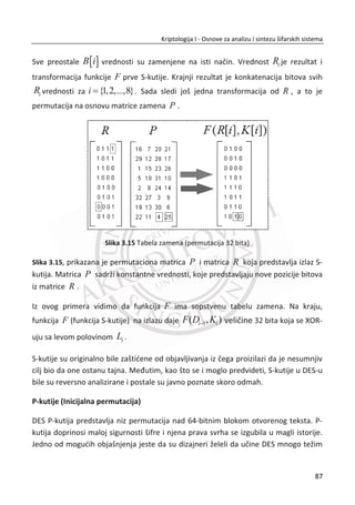 Ukoliko imamo poruku P koja sadrži ix nezavisnih simbola sa verovatnođama ip ,
0,... 1i L , entropiju onda možemo da definišemo kao proseēnu koliēinu
informacije koja je sadržana u pojedinaēnim porukama i data je izrazom:
1
0
log
L
i i
i
H p p

¦
12. PRIMER:
Poruka P sadrži simbole verovatnosnog skupa simbola { 1, 2, 3}S x x x , ēije su
verovatnođe {0.25,0.25,0.50}ixp . Odrediti (1) pojedinaēnu koliēinu informacije
sadržanu u simbolima poruke P , (2) ukupnu koliēinu informacije u poruci P i (3)
entropiju poruke P .
(1) Pojedinaēne koliēine informacije
1 1log2(1/ ) log2(1/ 0.25) 2x xI p bita
2 2log2(1/ ) log2(1/ 0.25) 2x xI p bita
3 3log2(1/ ) log2(1/0.50) 1x xI p bit
(2) Ukupna koliēina informacije u poruci P
1 2 3 2 2 1 5P x x xI I I I bitova   
(3) Entropija poruke P
1 1 2 2 3 3log2( ) log2( ) log2( )
0.25log2(0.25) 0.25log2(0.25) 0.5log2(0.5)
0.5 0.5 0.5 1.5
x x x x x xH p p p p p p
bitova
  
  
 
Ukoliko imamo poruku P koja koja je u formi binarnog niz, tada entropija zavisi od
verovatnođe poruka 0 i 1. Ako je verovatnođa prve poruke jednaka p , onda je
53
Kriptologija I - Osnove za analizu i sintezu šifarskih sistema______________________________________________________________________________________
 
