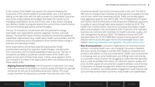 In the context of the health care system, this requires breaking the
constraints of FFS clinical models to provide better care, in the optimal
setting, at the right time, with the right provider, to create better outcomes
and access using enabling technologies that lower the overall cost of
managing a population’s acute and chronic care. It also means changing
care delivery models to progress beyond the current limits of performance
and cost of existing approaches and technologies.
The top 10 innovations include those with the potential to change
how health care organizations prevent, diagnose, monitor, and treat
disease. The potential impact of these innovations transcends traditional
stakeholder segmentation (e.g., health plans, health care providers, and life
sciences companies) and is anticipated to drive transformative change in
business and operating models.
Some organizations are already experiencing business model
transformation arising from payment model changes, new demands
from consumers, and increased availability of data sources. The top 10
innovations are likely to accelerate transformation of the health care
system across each of these three areas. Further, early adopters of the
top innovations are likely to be organizations which are already embracing
these market shifts:
• Aligning financial incentives: The FFS payment model does not create
financial incentives for providers to improve quality and does not typically
reimburse for the use of nontraditional services. Rather, FFS could
create incentives for physicians to provide more services, even if the
incremental benefit may not be commensurate to the cost. The shift to
VBC aims to change these incentives by tying payment to quality and total
cost of care, rather than rewarding volume. Public and private payers
have aggressive goals for the shift to VBC: The US Department of Health
and Human Services (HHS) aims to link 50 percent of Medicare payments
to quality or value through alternative payment models by 2018.2
The
Health Care Transformation Task Force, consisting of providers, health
plans, and employers, has committed to shift 75 percent of its members’
business into contracts with incentives for health outcomes, quality, and
cost management by January 2020.3
The Medicare Access and CHIP
Reauthorization Act of 2015 (MACRA) is poised to drive payment and
delivery reform across the payer mix for the foreseeable future. (See
sidebar: Balancing innovation and regulation: The public sector’s role.)
• Rise of consumerism: Consumers’ expectations for how they receive
services—including health care—are changing. Consumers impatient
with poor service are happy to transfer their loyalty to companies and
products that deliver on cost and convenience. Health care consumerism
is increasing, even as some health plans are shifting more cost-sharing
to consumers, many of whom are struggling to make informed decisions
due to a lack of available information on treatment options, quality, and
price. Another aspect of consumerism is patient behavior, one of the key
components of disease management amidst the increasing prevalence
of chronic conditions. Successful patient engagement could improve self-
care and help achieve better outcomes; many health care stakeholders
EXECUTIVE SUMMARY INTRODUCTION TOP 10 INNOVATIONS EMBRACING INNOVATION: NEXT STEPS AUTHORS
REFERENCES
INTRODUCTION
Top 10 health care innovations: Achieving more for less 5
 