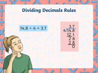 Dividing Decimals Rules
14.8 ÷ 4 = 3.7 3.7
4 14.8
12
2 8
2 8
0
 