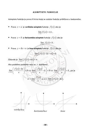 ASIMPTOTE FUNKCIJE
Asimptota funkcije je prava ili kriva kojoj se zadata funkcija približava u beskonačno.
Prava x a= je vertikalna asimptota funkcije ( )f x ako je
( )lim
x a
f x
→
= ±∞ .
Prava y b= je horizontalna asimptota funkcije ( )f x ako je
( )lim
x
f x b
→±∞
= .
Prava y kx n= + je kosa asimptota funkcije ( )f x ako je:
( )( )lim 0
x
f x kx n
→±∞
− − = .
Odavde je ( )( )lim
x
f x kx n
→±∞
− = .
Ako podelimo poslednju vezu sa x dobićemo:
( ) ( ) ( )
lim 0 lim 0 lim
x x x
f x kx f x f x
k k
x x x→±∞ →±∞ →±∞
⎛ ⎞ ⎛ ⎞ ⎛ ⎞−
= ⇔ − = ⇔ =⎜ ⎟ ⎜ ⎟ ⎜ ⎟
⎝ ⎠ ⎝ ⎠ ⎝ ⎠
, pa je
( )lim
x
f x
k
x→±∞
= , a ( )( )lim
x
n f x kx
→±∞
= − .
lnvetrika a
lnhorizonta a kosa
- 98 -
 