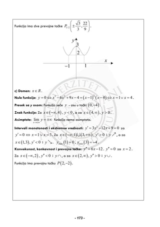 Funkcija ima dve prevojne tačke 1/2
3 22
,
3 9
P
⎛ ⎞
±⎜ ⎟⎜ ⎟
⎝ ⎠
.
y
x
3
11−
2
c) Domen: x R∈ .
Nule funkcije: ( ) ( )
23 2
0 6 9 4 1 4 1 4y x x x x x x x= ⇔ − + − = − − ⇔ = ∨ = .
Presek sa y osom: Funkcija seče y - osu u tački ( )0, 4− .
Znak funkcije: Za ( ),4 , 0x y∈ −∞ < , a za ( )4, , 0x y∈ ∞ > .
Asimptote: lim
x
y
→±∞
= ±∞ funkcija nema asimptota.
Intervali monotonosti i ekstremne vrednosti: 2
3 12 9 0y x x′ = − + = za
0 1 3y x x′ = ⇔ = ∨ = . Za ( ) ( ),1 3, , 0x y′∈ −∞ +∞ >∪ i y , a za
( )1,3 , 0x y′∈ < i y . ( ) ( )max min1 0 , 3 4y y= = − .
Konveksnost, konkavnost i prevojne tačke: 6 12y x′′ = − . 0y′′ = za 2x = .
Za ( ),2 , 0x y′′∈ −∞ < i y ∩ , a za ( )2, , 0x y′′∈ ∞ > i y ∪ .
Funkcija ima prevojnu tačku ( )2, 2P − .
- 173 -
 