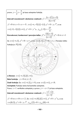 prava
1 5
2 2
y x= − je kosa asimptota funkcije.
Intervali monotonosti i ekstremne vrednosti:
( ) ( )
( )
2
3
1 5
2 1
x x
y
x
− +
′ =
+
.
0 1 5y x x′ = ⇔ = ∨ = − . ( ) ( ), 5 1,1 , 0x y′∈ −∞ − − >∪ i y , a za
( ) ( )5, 1 1, , 0x y′∈ − − +∞ <∪ i y . ( )max
27
5
4
y − = − .
Konveksnost, konkavnost i prevojne tačke:
( )
( )
4
12 1
1
x
y
x
−
′′ =
+
. 0 1y x′′ = ⇔ =
Za ( ),1 , 0x y′′∈ −∞ < i y ∩ , a za ( )1, , 0x y′′∈ ∞ > i y ∪ . Prevojna tačka
funkcije je ( )1,0P .
x
y
11−5−
27
4
−
c) Domen: ( ) ( ),1 1,x∈ −∞ +∞∪ .
Nule funkcije: 0 2y x= ⇔ = .
Znak funkcije: Za ( ),1 , 0x y∈ −∞ > , a za ( )1, , 0x y∈ +∞ < .
Asimptote: Funkcija nema horizontalne asimptote.
Prava 1x = vertikalna asimptota, a prava 3y x= − + je kosa asimptota.
Intervali monotonosti i ekstremne vrednosti:
( )
2
2
2
1
x x
y
x
− +
′ =
−
.
0 0 2y x x′ = ⇔ = ∨ = . Za ( ) ( ),0 2, , 0x y′∈ −∞ +∞ <∪ i y , a za
( )0,2 , 0x y′∈ > i y . ( )max 2 0y = i ( )min 0 4y = .
- 182 -
 