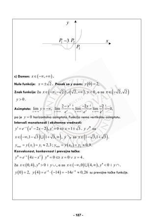 y
x3− 2P1P
3P
c) Domen: ( ),x∈ −∞ +∞ .
Nule funkcije: 2x = ± . Presek sa y osom: ( )0 2,y =
Znak funkcije: Za ( ) ( ), 2 2, , 0x y∈ −∞ − ∪ +∞ < , a za ( )2, 2x ∈ −
0y > .
Asimptote:
2
2 2 2
lim , lim lim lim 0,
L L L
x x xx x x x
x x
y
e e e→−∞ →+∞ →+∞ →+∞
− − −
= −∞ = = =−
pa je 0y = horizontalna asimptota. Funkcija nema vertikalnu asimptotu.
Intervali monotonosti i ekstremne vrednosti:
( )2
2 2x
y e x x−
′ = − − , 0 1 3y x′ = ⇔ = ± . y za
( ) ( ),1 3 1 3,x∈ −∞ − + ∞∪ , y za ( )1 3,1 3x∈ − + .
( ) ( )max 1 1 min 2 22,3; 0,9y y x y y y x y= = ≈ = = ≈ .
Konveksnost, konkavnost i prevojne tačke:
( )2
4x
y e x x−
′′ = − 0 0 4y x x′′ = ⇔ = ∨ = .
Za ( )0,4 , 0x y′′∈ > i y ∪ , a za ( ) ( ),0 4, , 0x y′′∈ −∞ ∞ <∪ i y ∩ .
( ) ( ) ( )4 4
0 2, 4 14 14 0,26y y e e− −
= = ⋅ − = − ≈ su prevojne tačke funkcije.
- 187 -
 