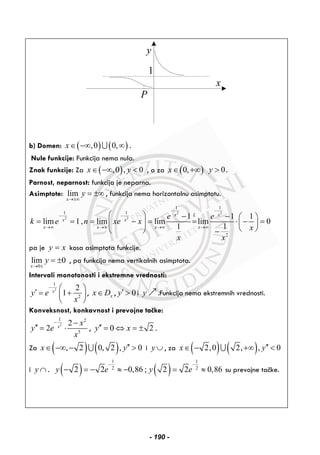y
x
1
P
b) Domen: ( ) ( ),0 0,x∈ −∞ ∞∪ .
Nule funkcije: Funkcija nema nula.
Znak funkcije: Za ( ),0 , 0x y∈ −∞ < , a za ( )0,x∈ +∞ 0y > .
Parnost, neparnost: funkcija je neparna.
Asimptote: lim
x
y
→±∞
= ±∞ , funkcija nema horizontalnu asimptotu.
2 2
2 2
1 1
1 1
2
1 1 1
lim 1, lim lim lim 0
1 1
x xL
x x
x x x x
e e
k e n xe x
x
x x
− −
− −
→∞ →∞ →∞ →∞
⎛ ⎞ − − ⎛ ⎞
= = = − = = ⋅ − =⎜ ⎟ ⎜ ⎟
⎝ ⎠⎝ ⎠ −
pa je y x= kosa asimptota funkcije.
0
lim 0
x
y
→ ±
= ± , pa funkcija nema vertikalnih asimptota.
Intervali monotonosti i ekstremne vrednosti:
2
1
2
2
1x
y e
x
− ⎛ ⎞′ = +⎜ ⎟
⎝ ⎠
, xx D∈ , 0y′ > i y .Funkcija nema ekstremnih vrednosti.
Konveksnost, konkavnost i prevojne tačke:
2
1 2
5
2
2 x
x
y e
x
− −
′′ = ⋅ , 0 2y x′′ = ⇔ = ± .
Za ( ) ( ), 2 0, 2 , 0x y′′∈ −∞ − >∪ i y ∪ , za ( ) ( )2,0 2, , 0x y′′∈ − +∞ <∪
i y ∩ . ( ) ( )
1 1
2 2
2 2 0,86 ; 2 2 0,86y e y e
− −
− = − ≈ − = ≈ su prevojne tačke.
- 190 -
 