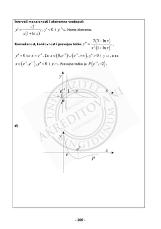 Intervali monotonosti i ekstremne vrednosti:
( )
2
2
1 ln
y
x x
−
′ =
+
, 0y′ < i y . Nema ekstrema.
Konveksnost, konkavnost i prevojne tačke:
( )
( )
32
2 3 ln
,
1 ln
x
y
x x
+
′′ =
+
3
0y x e−
′′ = ⇔ = . Za ( ) ( )3 1
0, , , 0x e e y− −
′′∈ ∪ +∞ > i y ∪ , a za
( )3 1
, , 0x e e y− −
′′∈ < i y ∩ . Prevojna tačka je ( )3
, 2P e−
− .
y
x1
e−
P
1
1−
e
d)
y
x
2
e
P
e
- 200 -
 