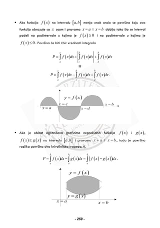 Ako funkcija ( )f x na intervalu [ ],a b menja znak onda se površina koju ova
funkcija obrazuje sa x osom i pravama x a= i x b= dobija tako što se interval
podeli na podintervale u kojima je ( ) 0f x ≥ i na podintervale u kojima je
( ) 0f x ≤ . Površina će biti zbir vrednosti integrala
( ) ( ) ( )
c d b
a c d
P f x dx f x dx f x dx= + +∫ ∫ ∫
ili
( ) ( ) ( )
c d b
a c d
P f x dx f x dx f x dx= − +∫ ∫ ∫ .
( )y f x=
x a=
x c=
x d=
x b=
Ako je oblast ograničena graficima neprekidnih funkcija ( )f x i ( )g x ,
( ) ( )f x g x≥ na intervalu [ ],a b i pravama x a= i x b= , tada je površina
razlika površina dva krivolinijska trapeza, tj.
( ) ( ) ( ) ( )( )
b b b
a a a
P f x dx g x dx f x g x dx= − = −∫ ∫ ∫ .
( )y f x=
( )y g x=
x a= x b=
- 259 -
 