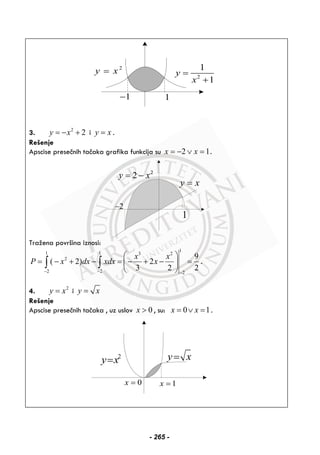 2
1
1
y
x
=
+
2
y x=
11−
3. 2
2y x= − + i y x= .
Rešenje
Apscise presečnih tačaka grafika funkcija su 2 1x x= − ∨ = .
y x=
2
2y x= −
1
2−
Tražena površina iznosi:
1
1 1 3 2
2
2 2 2
9
( 2) 2
3 2 2
x x
P x dx xdx x
− − −
⎛ ⎞
= − + − = − + − =⎜ ⎟
⎝ ⎠
∫ ∫ .
4. 2
y x= i y x=
Rešenje
Apscise presečnih tačaka , uz uslov 0x > , su: 0 1x x= ∨ = .
2
y x= y x=
0x = 1x =
- 265 -
 