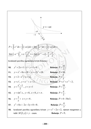 y
ex
=
−
1−
y ex= −
( ) ( )
( ) ( )
0 0
1 1 1 1
2 0
1 1
lim
lim lim .
2 2 2
a
x x
a
a
x a
a a
P e dx ex dx e dx ex dx
x e e
e e e e
+∞
− −
→+∞
− − − −
− −
→+∞ − − →+∞
= − − = − − =
− + ⋅ = − − − =
∫ ∫ ∫ ∫
Izračunati površinu ograničenu krivim linijama :
10. 2
2 1y x= + i 1 0x y− − = . Rešenje:
16
3
P = .
11. 2
8 18y x x= − + i 2
2 18y x= − + . Rešenje: 36P = .
12. 2
2y x= − i y x= . Rešenje:
7
3
P = .
13. x
y e= , x
y e−
= i 2x = . Rešenje: 2 2
2P e e−
= + − .
14.
2
1
2
x
y
−
= , 1y x= + Rešenje:
16
3
P = .
15. 2
siny x= , 0y = , 0x = , x π= . Rešenje:
2
P
π
= .
16.
3
y
x
= i 4x y+ = . Rešenje: 4 3ln3P = − .
17. 2
8y x= i 2 3 8 0x y− + = . Rešenje:
4
3
P = .
18. Izračunati površinu ograničenu krivom 2
2 2,y x x= − + njenom tangentom u
tački ( )3,M y i y - osom. Rešenje: 9P = .
- 268 -
 