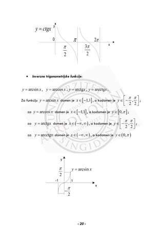 x
y
-1 1
2
π
2
π
−
arcsiny x=
π
3
2
π
2
π
2π
y ctgx=
• Inverzne trigonometrijske funkcije:
arcsiny x= , arccos , arctg , arcctgy x y x y x= = = .
Za funkciju arcsiny x= domen je [ ]1,1x∈ − , a kodomen je ,
2 2
y
π π⎡ ⎤
∈ −⎢ ⎥⎣ ⎦
;
za arccosy x= domen je [ ]1,1x∈ − , a kodomen je [ ]0,y π∈ ;
za arctgy x= domen je ( ),x∈ −∞ ∞ , a kodomen je ,
2 2
y
π π⎡ ⎤
∈ −⎢ ⎥⎣ ⎦
;
za arcctgy x= domen je ( ),x∈ −∞ ∞ , a kodomen je ( )0,y π∈
- 20 -
 