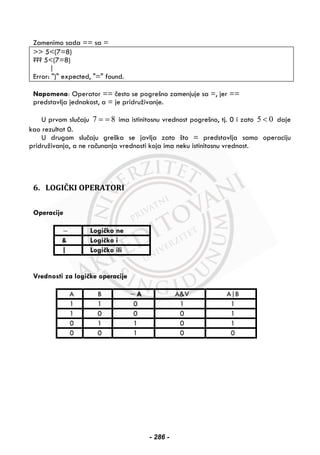Zamenimo sada == sa =
>> 5<(7=8)
??? 5<(7=8)
|
Error: ")" expected, "=" found.
Napomena: Operator == često se pogrešno zamenjuje sa =, jer ==
predstavlja jednakost, a = je pridruživanje.
U prvom slučaju 7 8= = ima istinitosnu vrednost pogrešno, tj. 0 i zato 5 0< daje
kao rezultat 0.
U drugom slučaju greška se javlja zato što = predstavlja samo operaciju
pridruživanja, a ne računanja vrednosti koja ima neku istinitosnu vrednost.
6. LOGIČKI OPERATORI
Operacije
∼ Logičko ne
& Logičko i
| Logičko ili
Vrednosti za logičke operacije
A B ∼ A A&V A|B
1 1 0 1 1
1 0 0 0 1
0 1 1 0 1
0 0 1 0 0
- 286 -
 