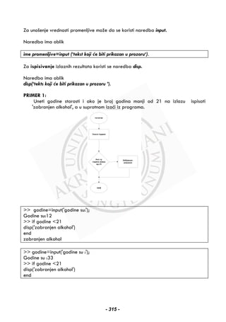 Za unošenje vrednosti promenljive može da se koristi naredba input.
Naredba ima oblik
ime promenljive=input (‘tekst koji će biti prikazan u prozoru‘).
Za ispisivanje izlaznih rezultata koristi se naredba disp.
Naredba ima oblik
disp(‘tekts koji će biti prikazan u prozoru ’).
PRIMER 1:
Uneti godine starosti i ako je broj godina manji od 21 na izlazu ispisati
'zabranjen alkohol', a u suprotnom izaći iz programa.
>> godine=input('godine su:');
Godine su:12
>> if godine <21
disp('zabranjen alkohol')
end
zabranjen alkohol
>> godine=input('godine su :');
Godine su :33
>> if godine <21
disp('zabranjen alkohol')
end
- 315 -
 