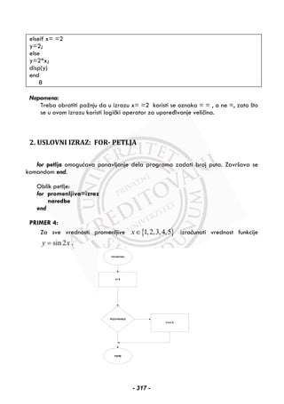 elseif x= =2
y=2;
else
y=2*x;
disp(y)
end
8
Napomena:
Treba obratiti pažnju da u izrazu x= =2 koristi se oznaka = = , a ne =, zato što
se u ovom izrazu koristi logički operator za upoređivanje veličina.
2. USLOVNI IZRAZ: FOR- PETLJA
for petlja omogućava ponavljanje dela programa zadati broj puta. Završava se
komandom end.
Oblik petlje:
for promenljiva=izraz
naredbe
end
PRIMER 4:
Za sve vrednosti promenljive { }1,2,3,4,5x∈ izračunati vrednost funkcije
sin 2y x= .
- 317 -
 