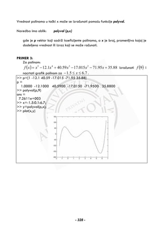 Vrednost polinoma u tački x može se izračunati pomoću funkcije polyval.
Naredba ima oblik: polyval (p,x)
gde je p vektor koji sadrži koeficijente polinoma, a x je broj, promenljiva kojoj je
dodeljena vrednost ili izraz koji se može računati.
PRIMER 3:
Za polinom:
( ) 88.3595.71015.1759.401.12 2345
+−−+−= xxxxxxf izračunati ( )9f i
nacrtati grafik polinom za 7.65.1 ≤≤− x .
>> p=[1 -12.1 40.59 -17.015 -71.95 35.88]
p =
1.0000 -12.1000 40.5900 -17.0150 -71.9500 35.8800
>> polyval(p,9)
ans =
7.2611e+003
>> x=-1.5:0.1:6.7;
>> y=polyval(p,x);
>> plot(x,y)
- 328 -
 