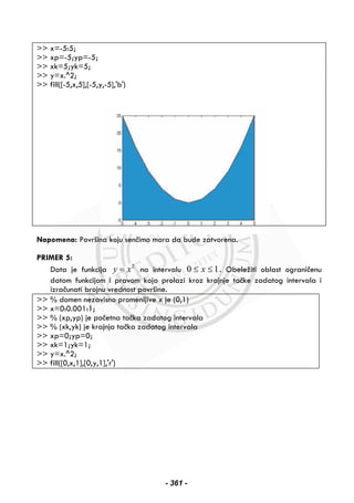 >> x=-5:5;
>> xp=-5;yp=-5;
>> xk=5;yk=5;
>> y=x.^2;
>> fill([-5,x,5],[-5,y,-5],'b')
Napomena: Površina koju senčimo mora da bude zatvorena.
PRIMER 5:
Data je funkcija 2
y x= na intervalu 10 ≤≤ x . Obeležiti oblast ograničenu
datom funkcijom i pravom koja prolazi kroz krajnje tačke zadatog intervala i
izračunati brojnu vrednost površine.
>> % domen nezavisno promenljive x je (0,1)
>> x=0:0.001:1;
>> % (xp,yp) je početna tačka zadatog intervala
>> % (xk,yk) je krajnja tačka zadatog intervala
>> xp=0;yp=0;
>> xk=1;yk=1;
>> y=x.^2;
>> fill([0,x,1],[0,y,1],'r')
- 361 -
 