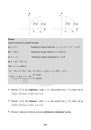 1x 2x
( )1f x ( )2f x
1x 2x
( )1f x ( )2f x
Primer:
Ispitati monotonost sledećih funkcija:
a) x
y e= ; Funkcija je strogo rastuća jer 1 2
1 2
x x
x x e e< ⇒ < , x R∈
b) lny x= ; Funkcija je strogo rastuća za ( )0,x∈ ∞ .
c) 3
y x= − ; Funkcija je strogo opadajuća za x R∈ .
d) 582 2
+−= xxy ;
Ako 1 2x x< , onda je
( )( ) ( )
( )( )
2 2
1 1 2 2 1 2 1 2 1 2
1 2 1 2
0 0 , 2
0 , 2
2 8 5 2 8 5 2 8
0 , ;
2 4
0 , .
x
x
x x x x x x x x x x
raste
x x x x
opada
< > >
< <
− + − − − = − + − − =
<
= − + −
>
Funkcija ( )f x ima maksimum u tački x a= ako postoji broj 0ε > , takav da je
( ) ( )f a f x≥ za ( ),x a aε ε∈ − + .
Funkcija ( )f x ima minimum u tački x a= ako postoji broj 0ε > , takav da je
( ) ( )f a f x≤ za ( ),x a aε ε∈ − + .
Mininum i maksimum funkcije nazivamo ekstremnim vrednostima funkcije.
- 87 -
 
