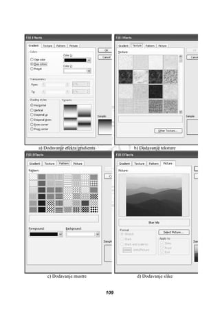 a) Dodavanje efekta gradienta b) Dodavanje teksture
c) Dodavanje mustre d) Dodavanje slike
109
 