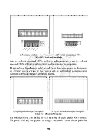 a) Normalna veliþina b) Veliþina umanjena za 70%
Slika 102: Skaliranje sadržaja
Ako je vrednost manja od 100%, aplikacija vrši umanjenje, a ako je vrednost
veüa od 100% aplikacija vrši ueüanje u odnosu na normalan prikaz.
Drugi naþin prilagoÿavanja veliþine sadržaja i dimenzije papira za štampanje
je izborom opcije Fit to. U ovoj opciji vrši se automatsko prilagoÿavanje
veliþine sadržaja podešenoj dimenziji papira.
a) Izgled pre korišüenja Fit to opcije b) Izgled nakon korišüenja Fit to opcije
Slika 103: Efekat Fit to opcije
Na prethodne dve slike (Slike 103 a i b) može se uoþiti efekat Fit to opcije.
Na prvoj slici (a) na papiru se mogla predstaviti samo desna polovina
119
 