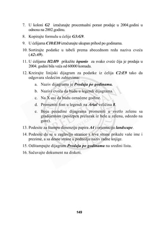 7. U koloni G2 izraþunajte procentualni porast prodaje u 2004.godini u
odnosu na 2002.godinu.
8. Kopirajte formulu u üelije G3:G9.
9. U üelijama C10:E10 izraþunajte ukupan prihod po godinama.
10. Sortirajte podatke u tabeli prema abecednom redu naziva cveüa
(A2:A9).
11. U üelijama H2:H9 prikažite ispunio za svako cveüe þija je prodaja u
2004. godini bila veüa od 60000 komada.
12. Kreirajte linijski dijagram za podatke iz üelija C2:E9 tako da
odgovara sledeüim zahtevima:
a. Naziv dijagrama je Prodaja po godinama.
b. Nazivi cveüa da budu u legendi dijagrama.
c. Na X osi da budu oznaþene godine.
d. Promeniti font u legendi na Arial veliþina 8.
e. Boju pozadine dijagrama promeniti u svetlo zelenu sa
gradijentom (postepen prelazak iz bele u zelenu, odozdo na
gore).
13. Podesite za štampu dimenziju papira A4 i orjentaciju landscape.
14. Podesite da se u zaglavlju stranice s leve strane prikaže vaše ime i
prezime, a sa desne strane u podnožju naziv radne knjige.
15. Odštampajte dijagram Prodaja po godinama na sredini lista.
16. Saþuvajte dokument na disketi.
149
 